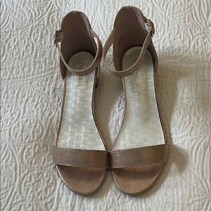 Dufannie Rose Gold Metallic Ankle Strap Sandals with Small Heel, Size 5